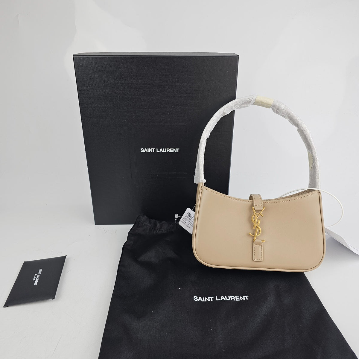 SAINT LAURENT Mini Le 5 A 7 $1750 Dark Beige Hobo Bag New