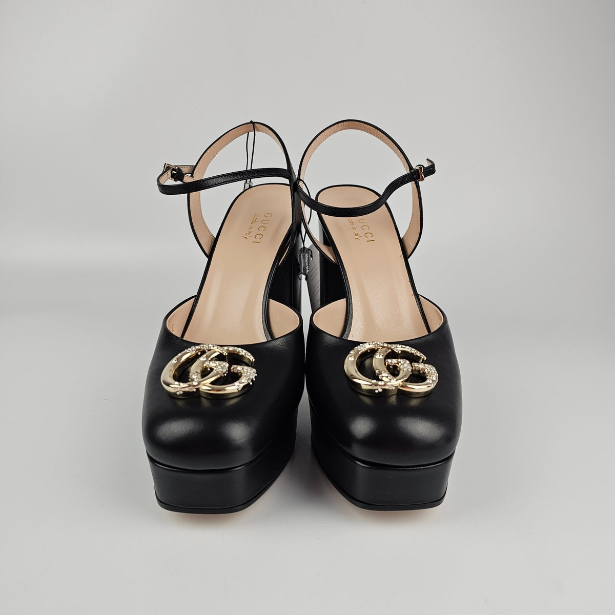 GUCCI Black Leather With Crystal GG Platform Sandals New & Authentic