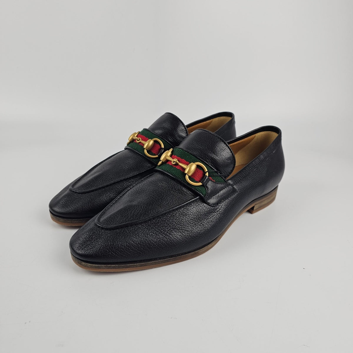 GUCCI Men's Black Leather With Horsebit And Web Loafers New & Authentic