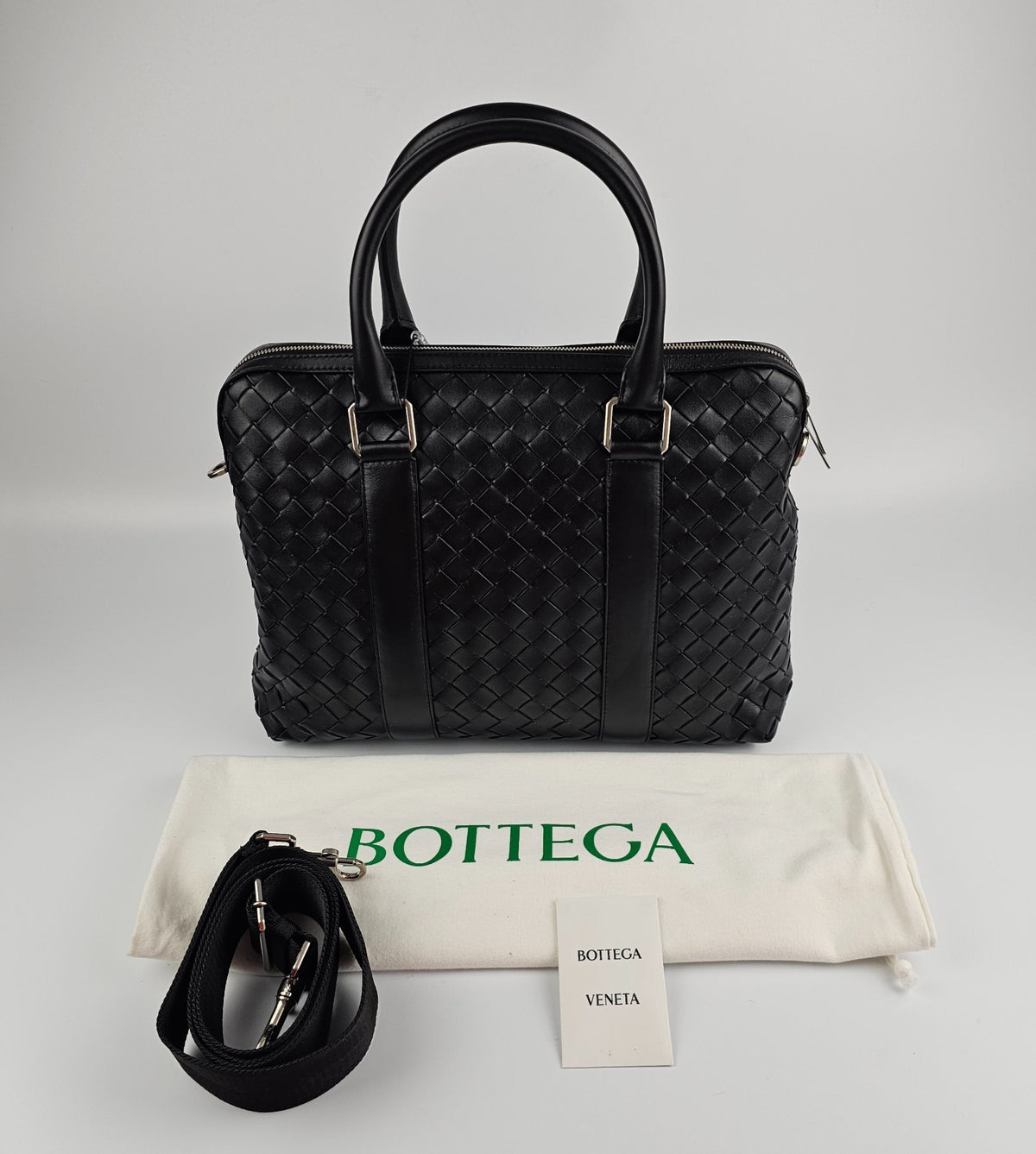BOTTEGA VENETA $4100 Black Slim Intrecciato Leather Briefcase New & Authentic