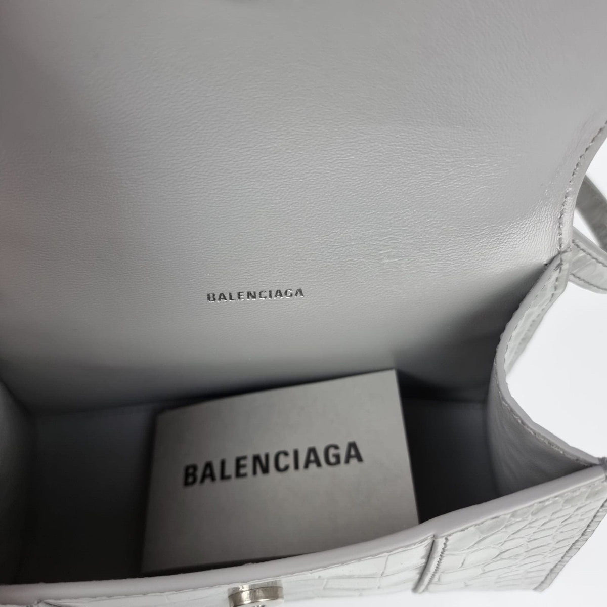 BALENCIAGA XS Hourglass Embossed Gray Leather Bag New