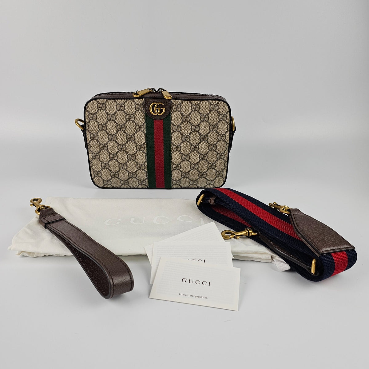 GUCCI Ophidia Small $1790 Beige And Ebony GG Canvas Crossbody Bag New/Authentic