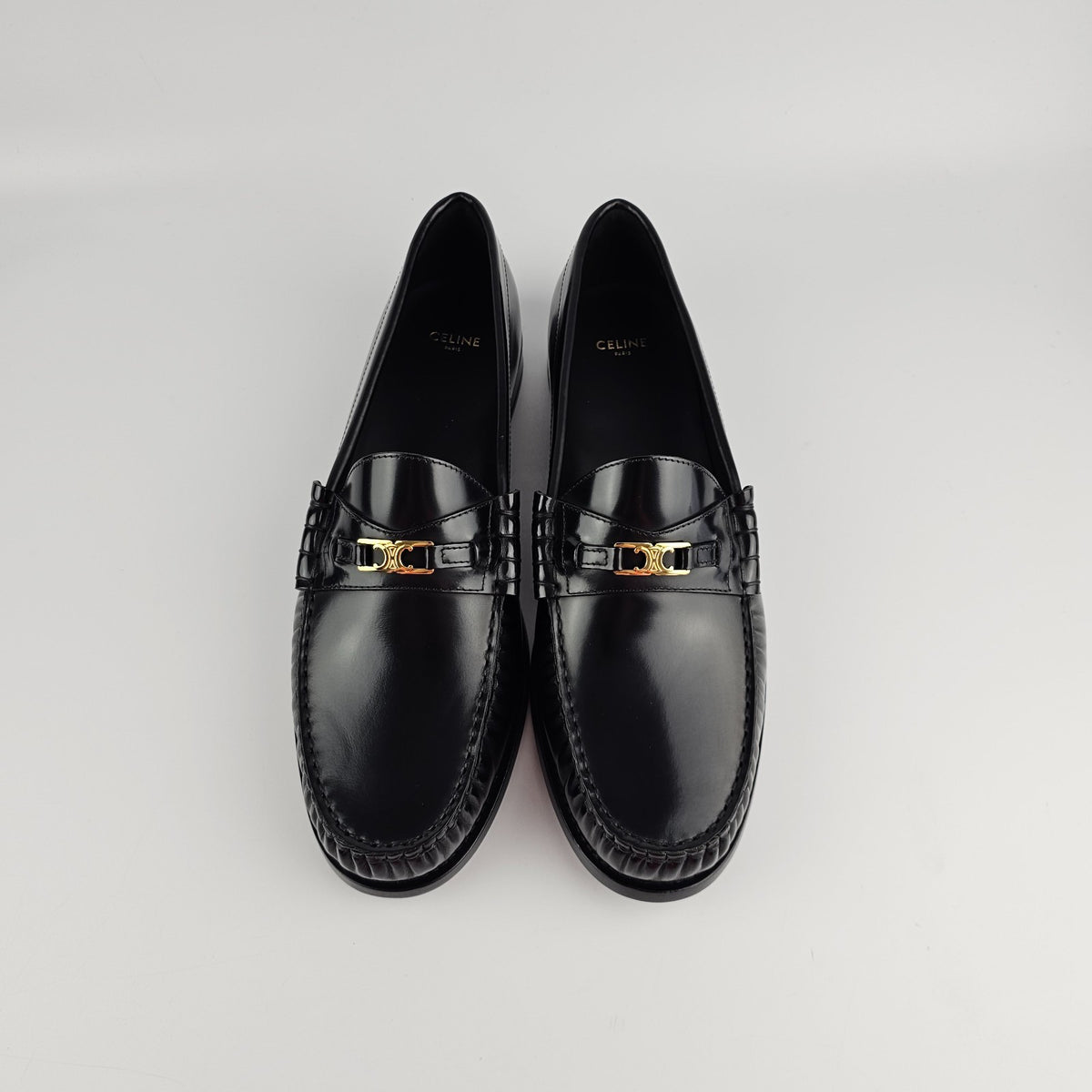 CELINE Luco Triomphe Polished Black Loafers New & Authentic