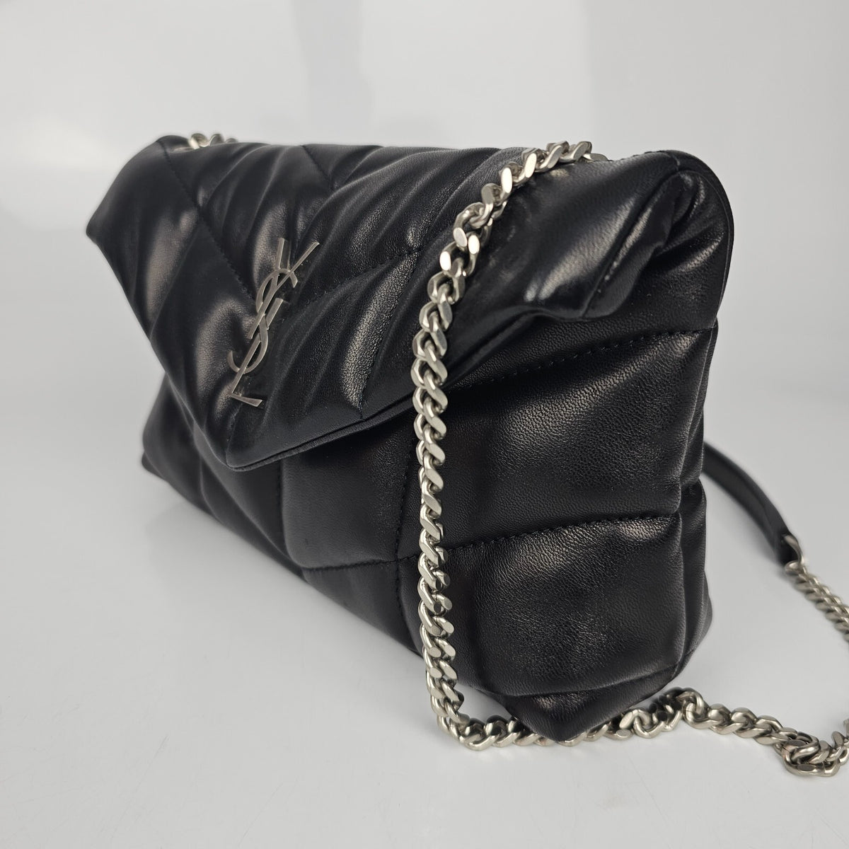 Saint Laurent Toy Puffer $2490 Black/Silver Leather Shoulder Bag New & Authentic