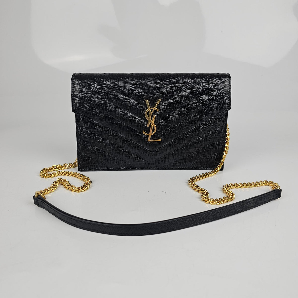 SAINT LAURENT Cassandre Envelope Black/Gold Grained Leather Chain Wallet New