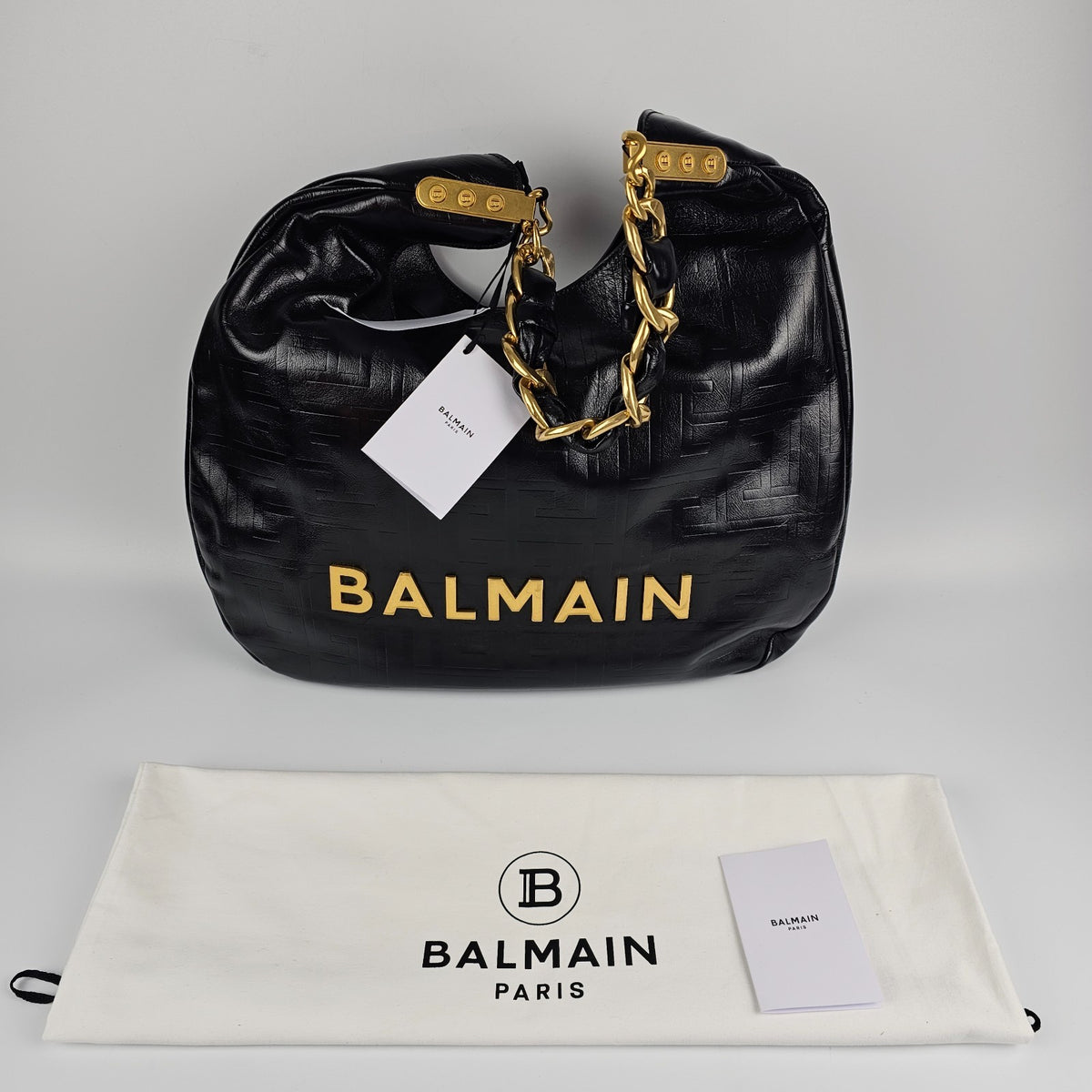 BALMAIN Small 1945 Soft Hobo Black Crinkled Leather Tote Bag New & Authentic