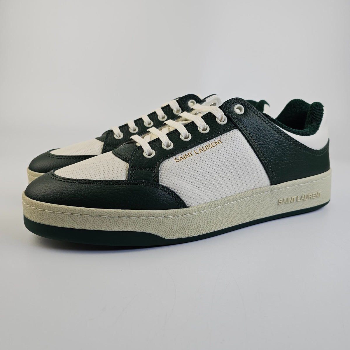 SAINT LAURENT SL/61 $880 White/Dark Green Perforated Leather Sneakers New