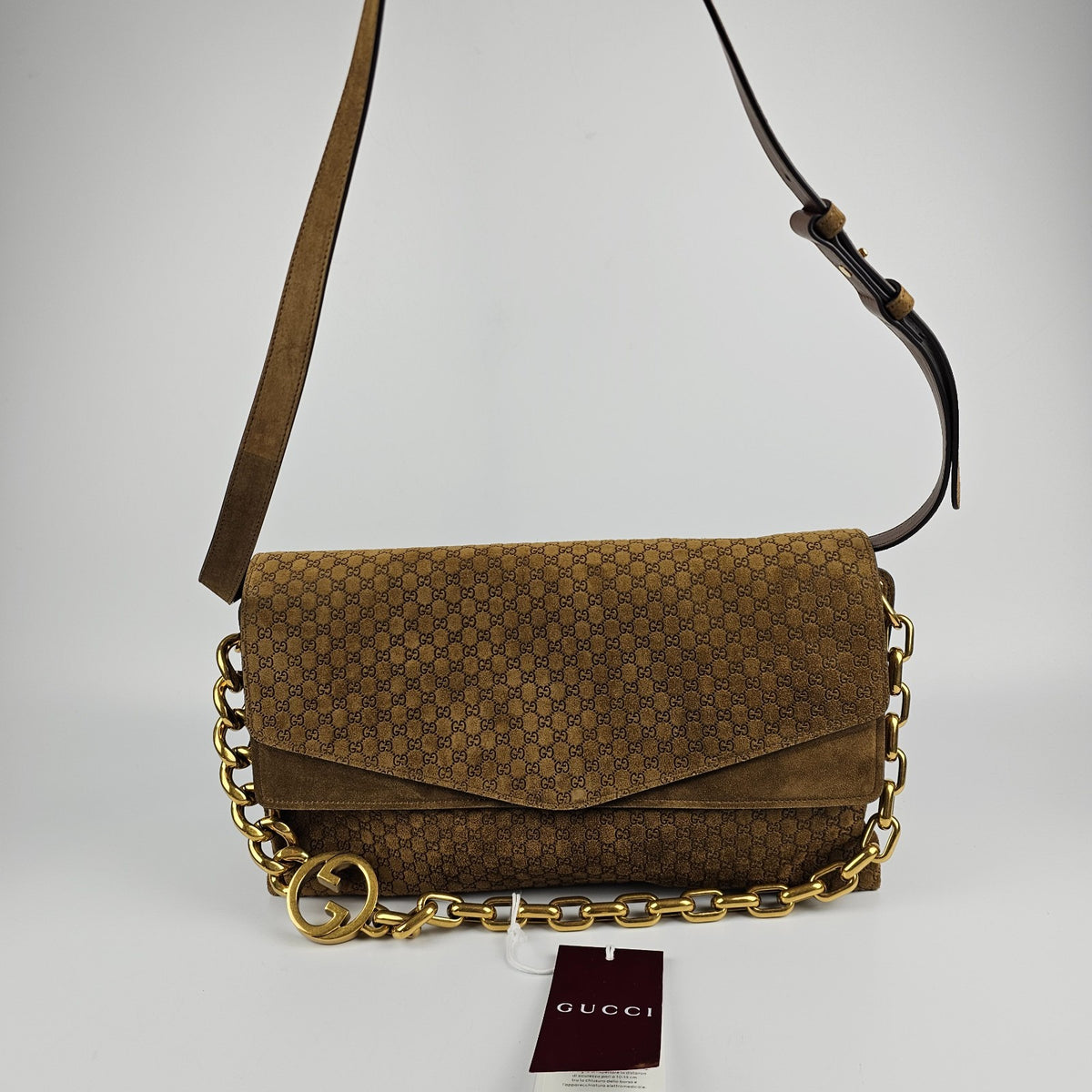 GUCCI $4600 Brown GG Suede Large With Chain Shoulder Bag New & Authentic