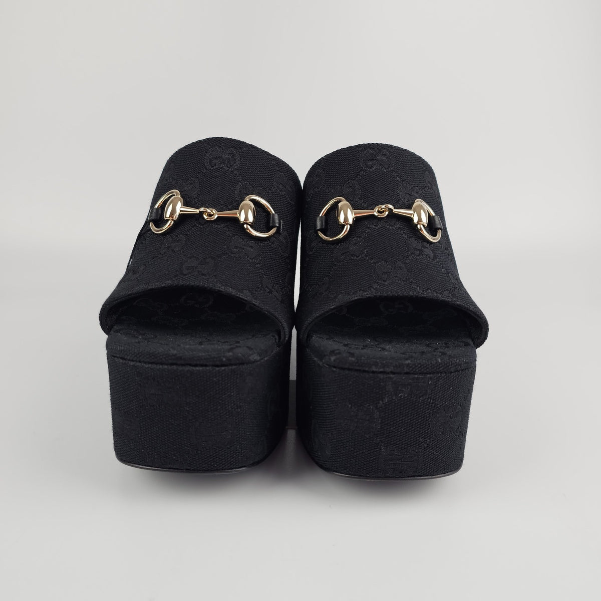 GUCCI Black GG Canvas Horsebit Wedge Sandals New & Authentic
