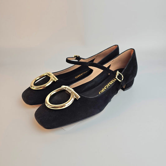FERRAGAMO Mary Jane Marry 2 Gold/Black Suede Heeled Ballerina Pumps New