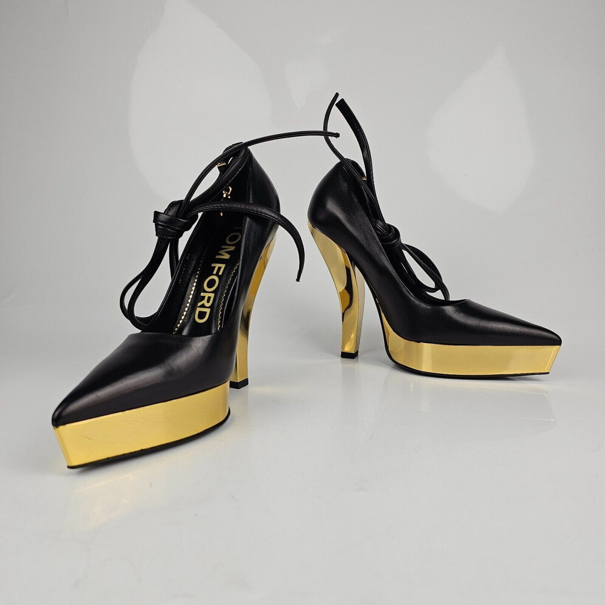 TOM FORD Scoop Ankle 130mm Black/Gold Leather Pumps New Size 37 US 7