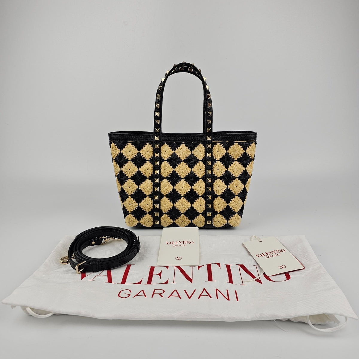 VALENTINO GARAVANI Rockstud Spike Shopper Black Yellow Raffia Tote Bag New
