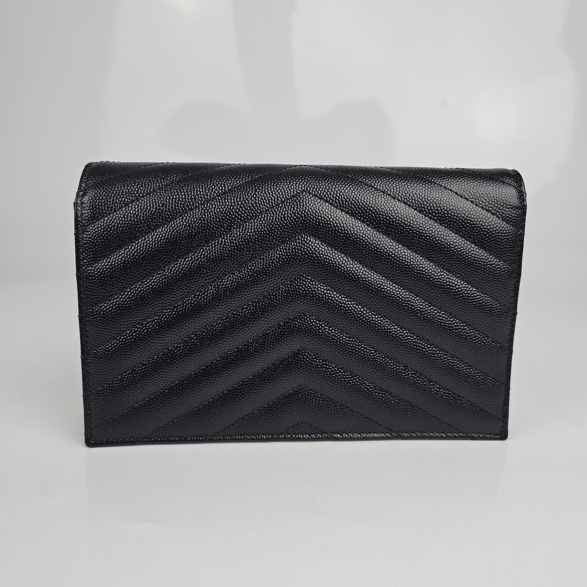 SAINT LAURENT Cassandre Envelope Black/Gold Grained Leather Chain Wallet New