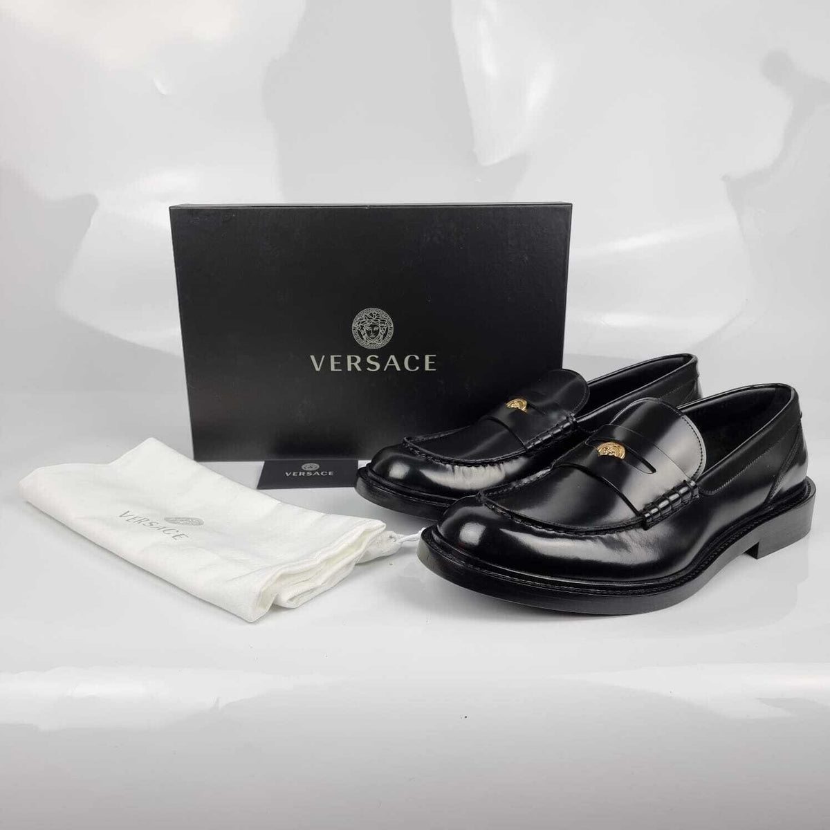 VERSACE La Medusa Black Leather Loafers New Size 46 US 13