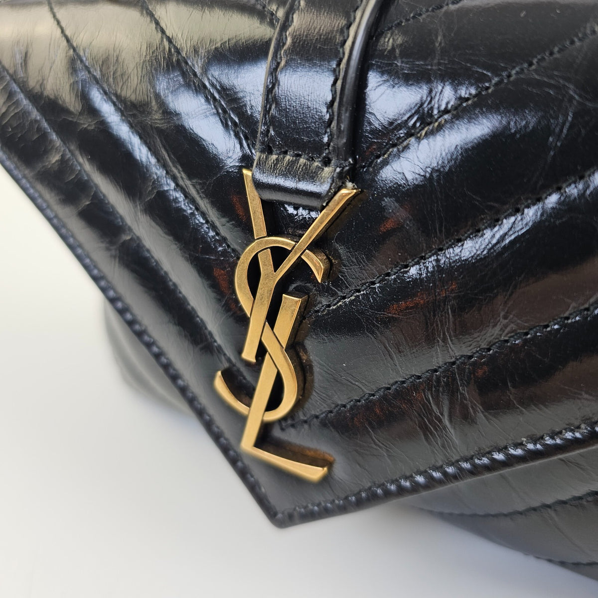 SAINT LAURENT College Mini Black Shiny Leather Shoulder Bag New/Authentic