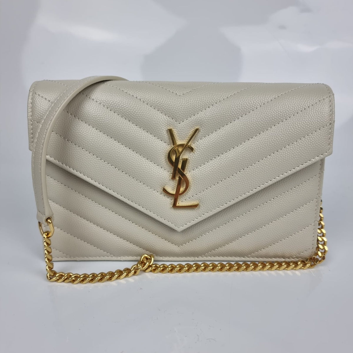 SAINT LAURENT Cassandre Envelope Crema Soft Grained Leather Chain Wallet New