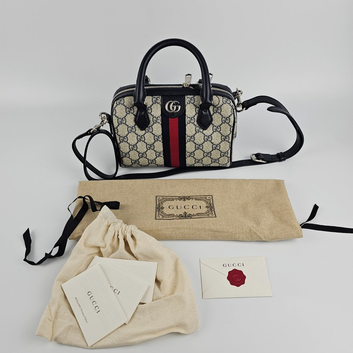 GUCCI Ophidia Small Beige And Blue GG Canvas Top Handle Bag New & Authentic