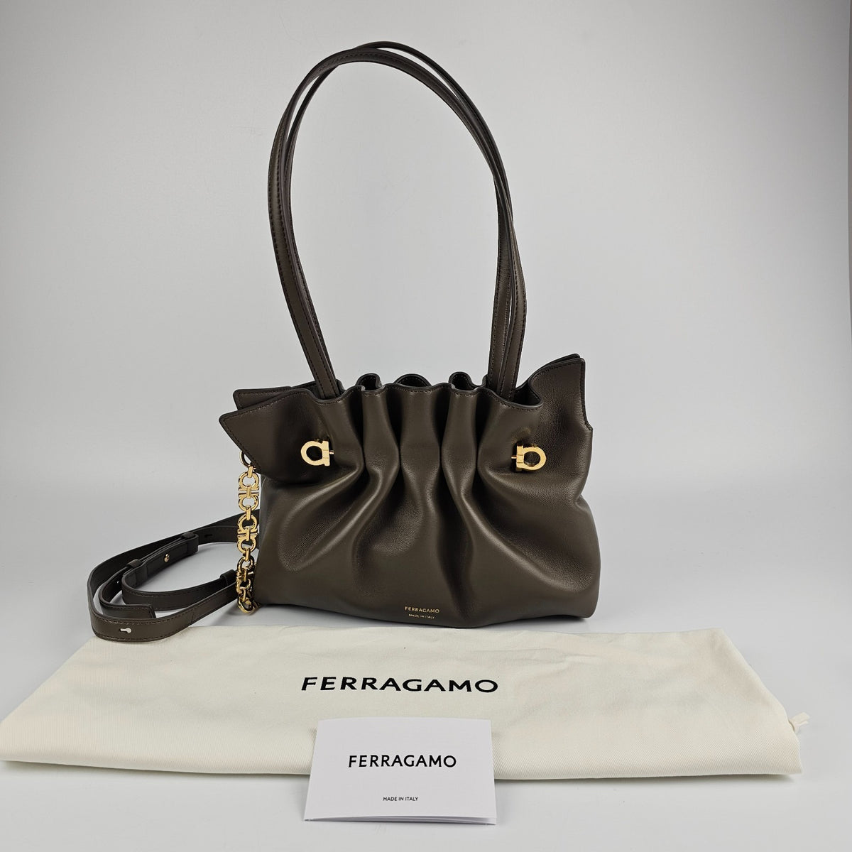 FERRAGAMO Concrete Leather Soft Shoulder Bag New & Authentic