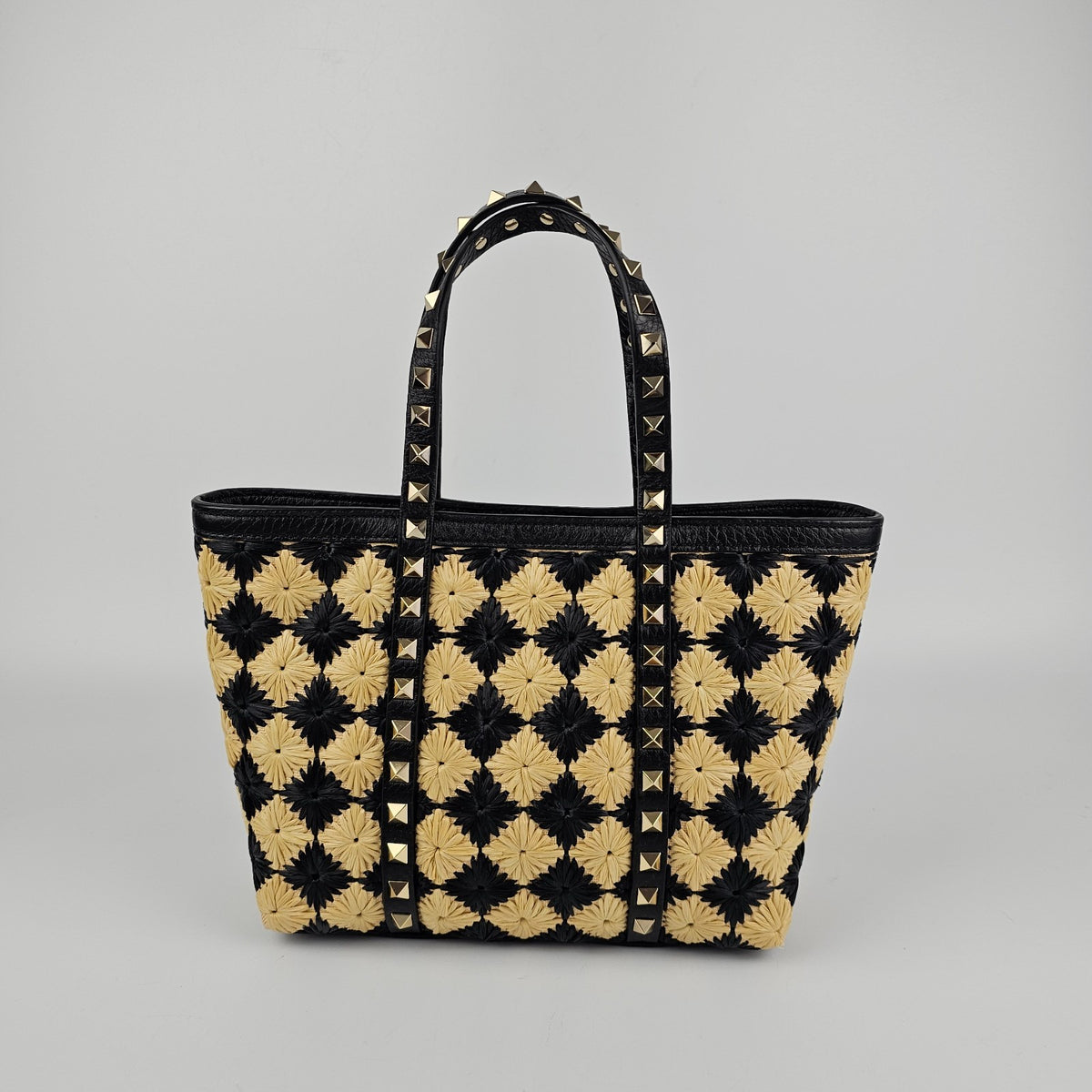 VALENTINO GARAVANI Rockstud Spike Shopper Black Yellow Raffia Tote Bag New