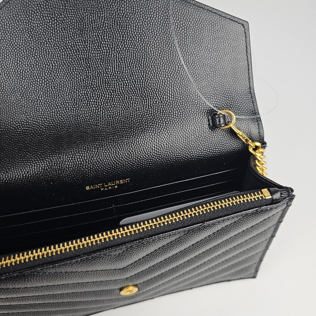 SAINT LAURENT Cassandre Envelope Black/Gold Grained Leather Chain Wallet New