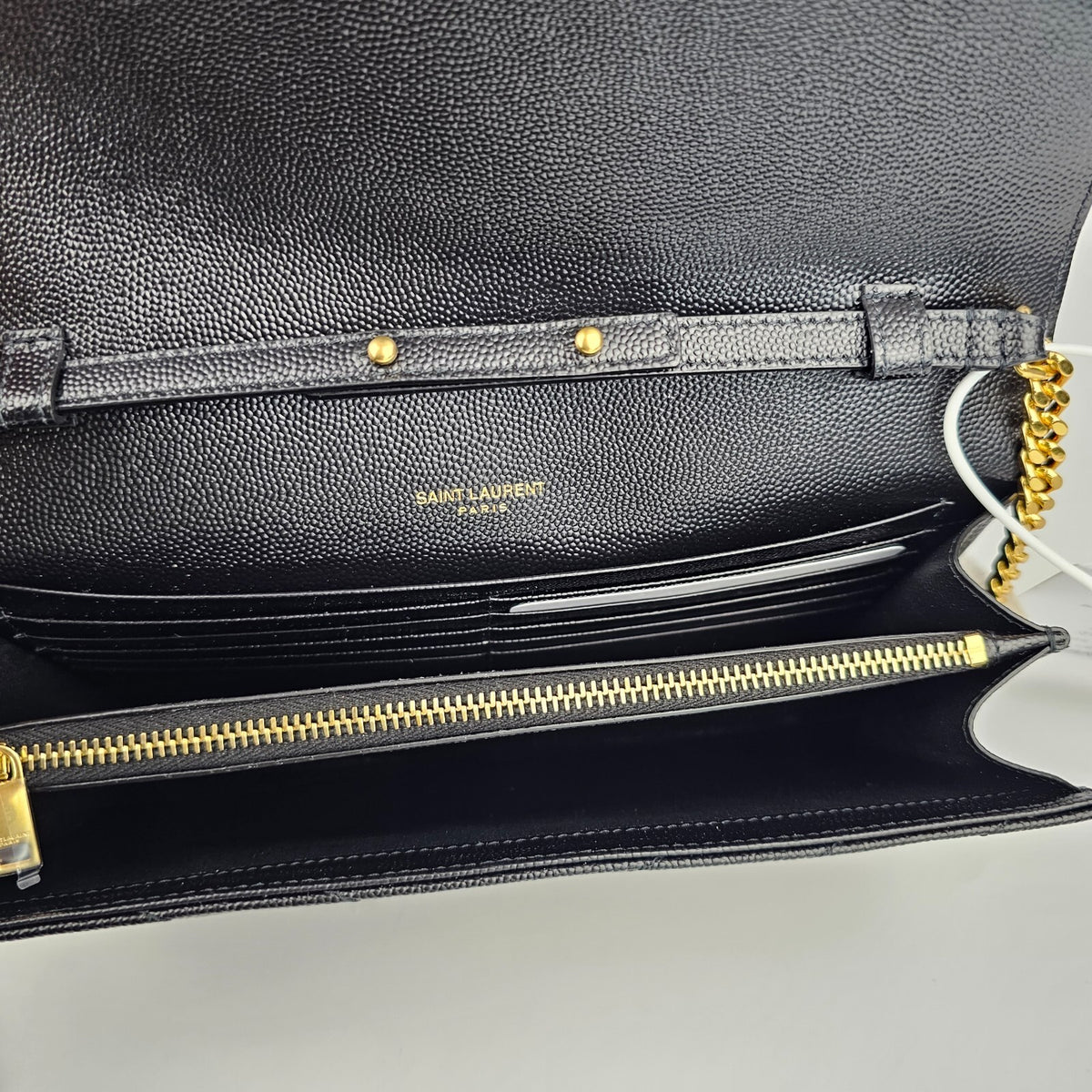 SAINT LAURENT Cassandre Classic Black/Gold Grained Leather Chain Wallet New