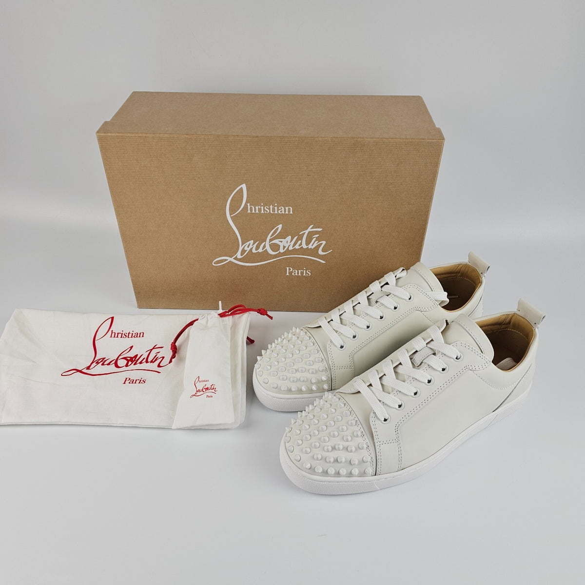 Christian Louboutin Louis Junior Spikes White Leather Sneakers New
