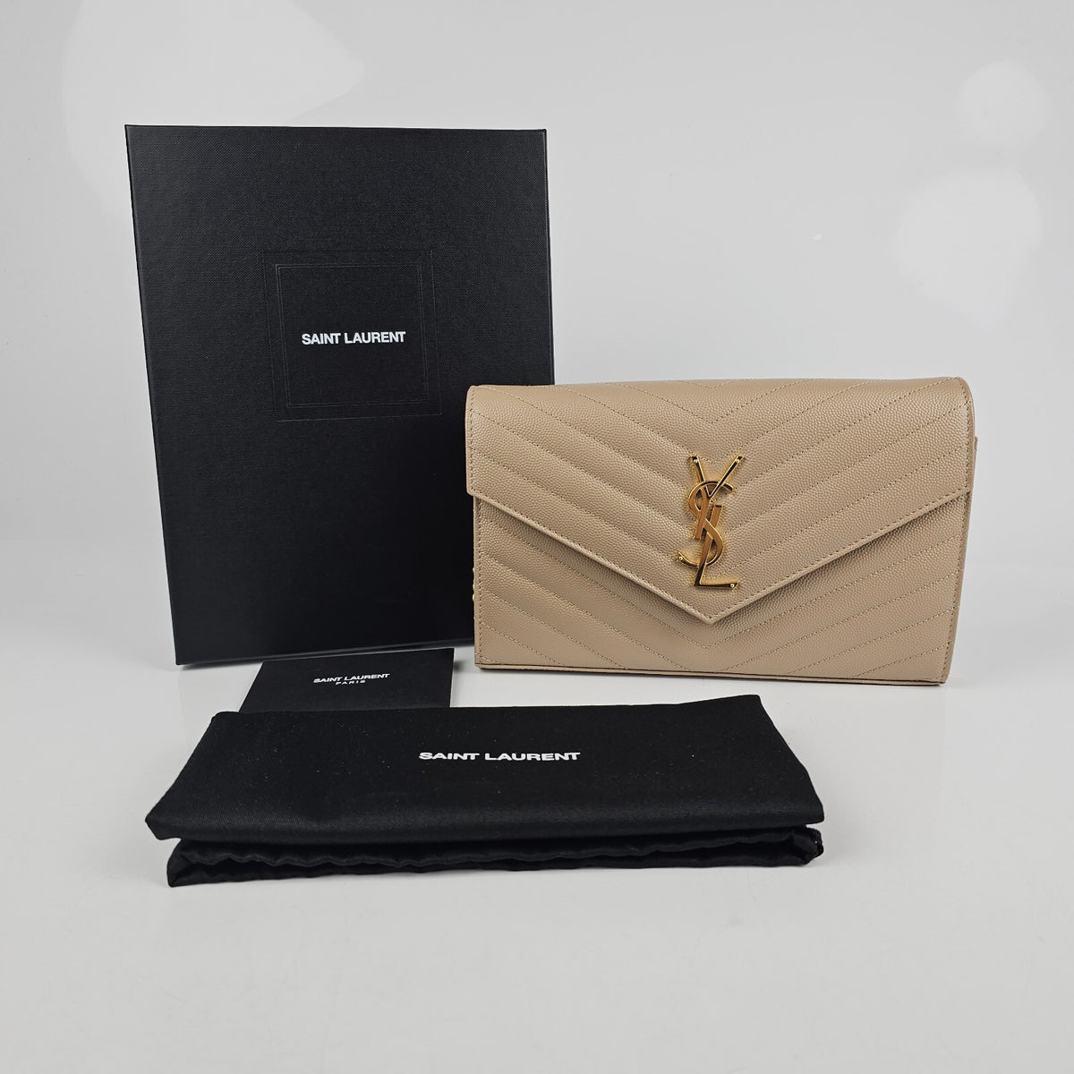 SAINT LAURENT Cassandre Classic Dark Beige Grained Leather Chain Wallet New