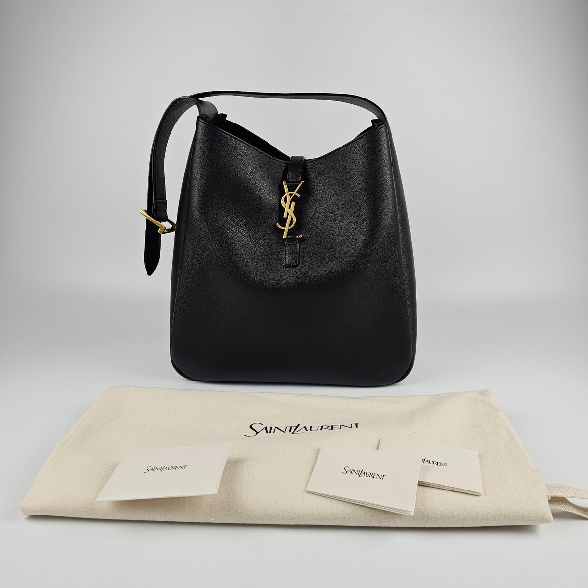 Saint Laurent Le 5 a 7  Large $3200 Black Grained Leather Shoulder Bag New