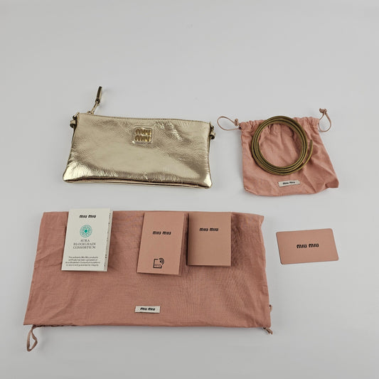 MIU MIU $1020 Pyrite Laminated Nappa Mini Pouch New And Authentic