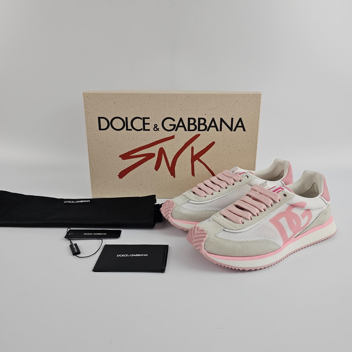 DOLCE&GABBANA DG Cushion $495 White/Pink Mixed-Material Sneakers New