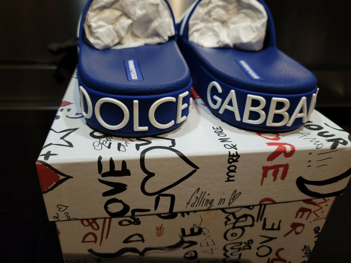 DOLCE&GABBANA Rubber Blue/White Slide Sandals New Size 39 US 6