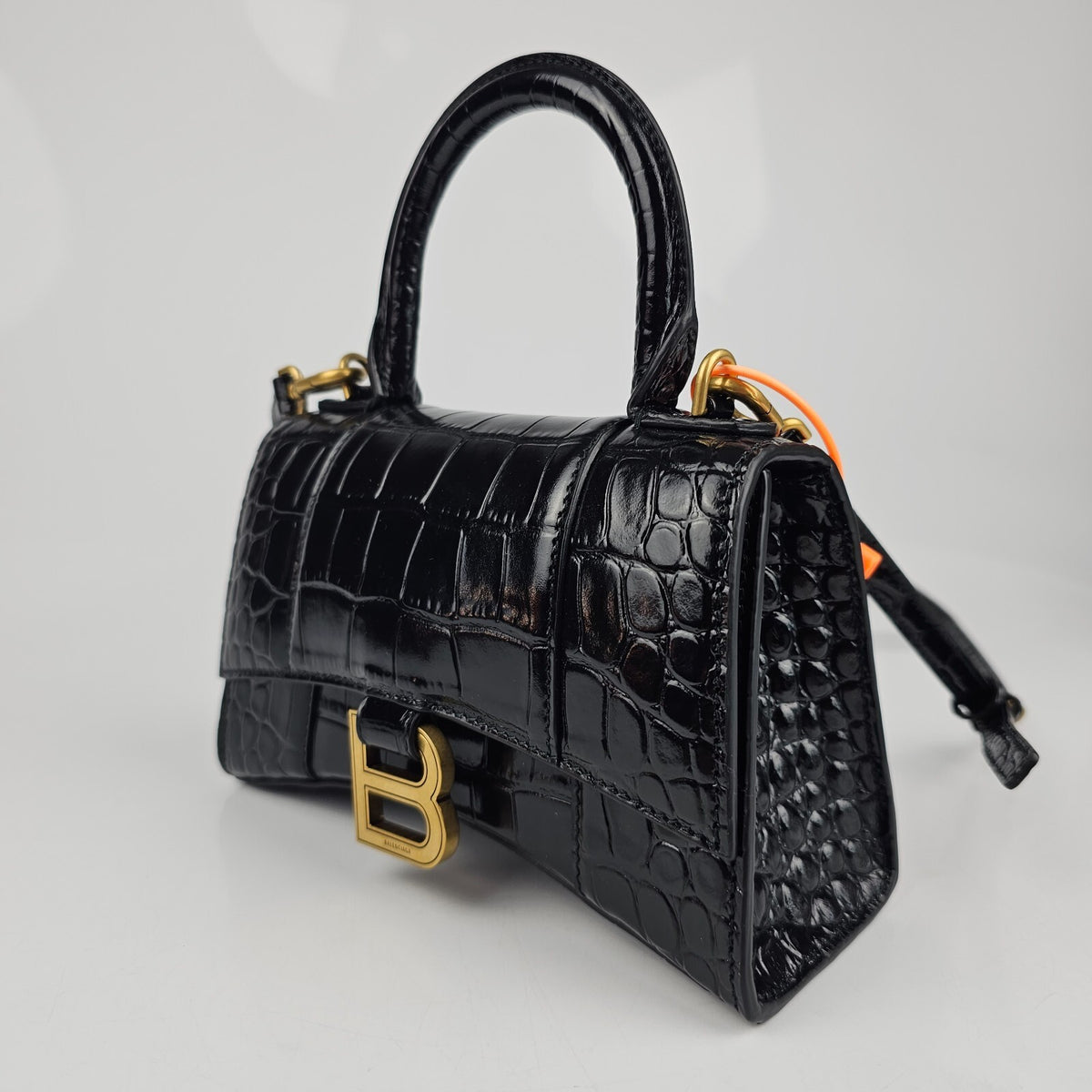 BALENCIAGA XS Hourglass Embossed Black Leather Bag New