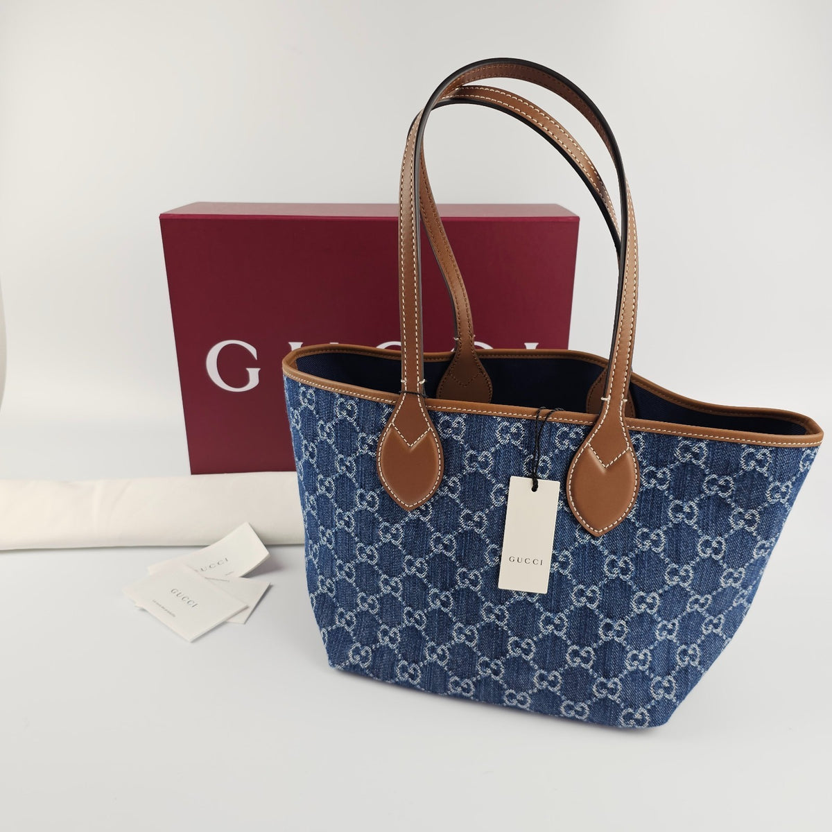 GUCCI Totissima Small $2180 Blue GG Denim Tote Bag New & Authentic
