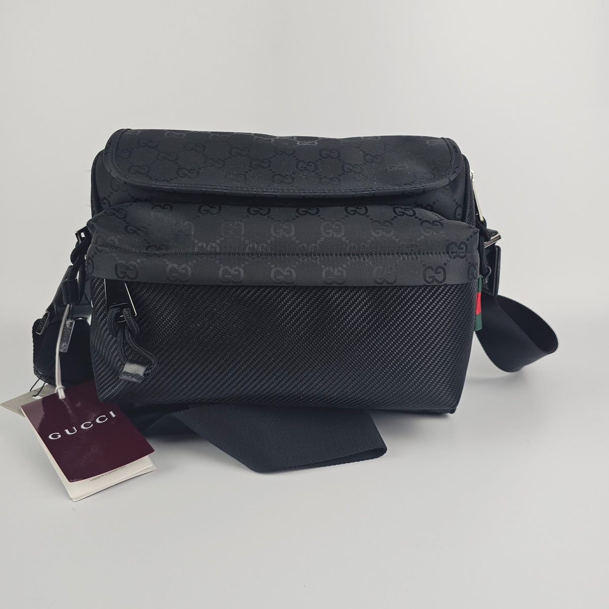 GUCCI $2200 Nexus Black GG Nylon Medium Crossbody Bag New & Authentic