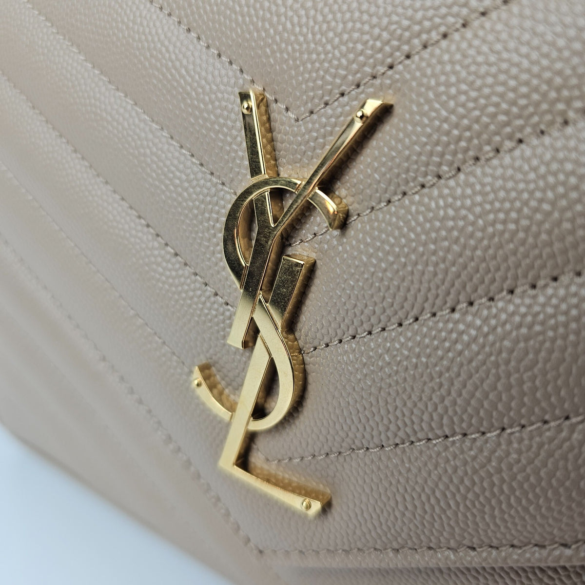 SAINT LAURENT Cassandre Classic Dark Beige Grained Leather Chain Wallet New