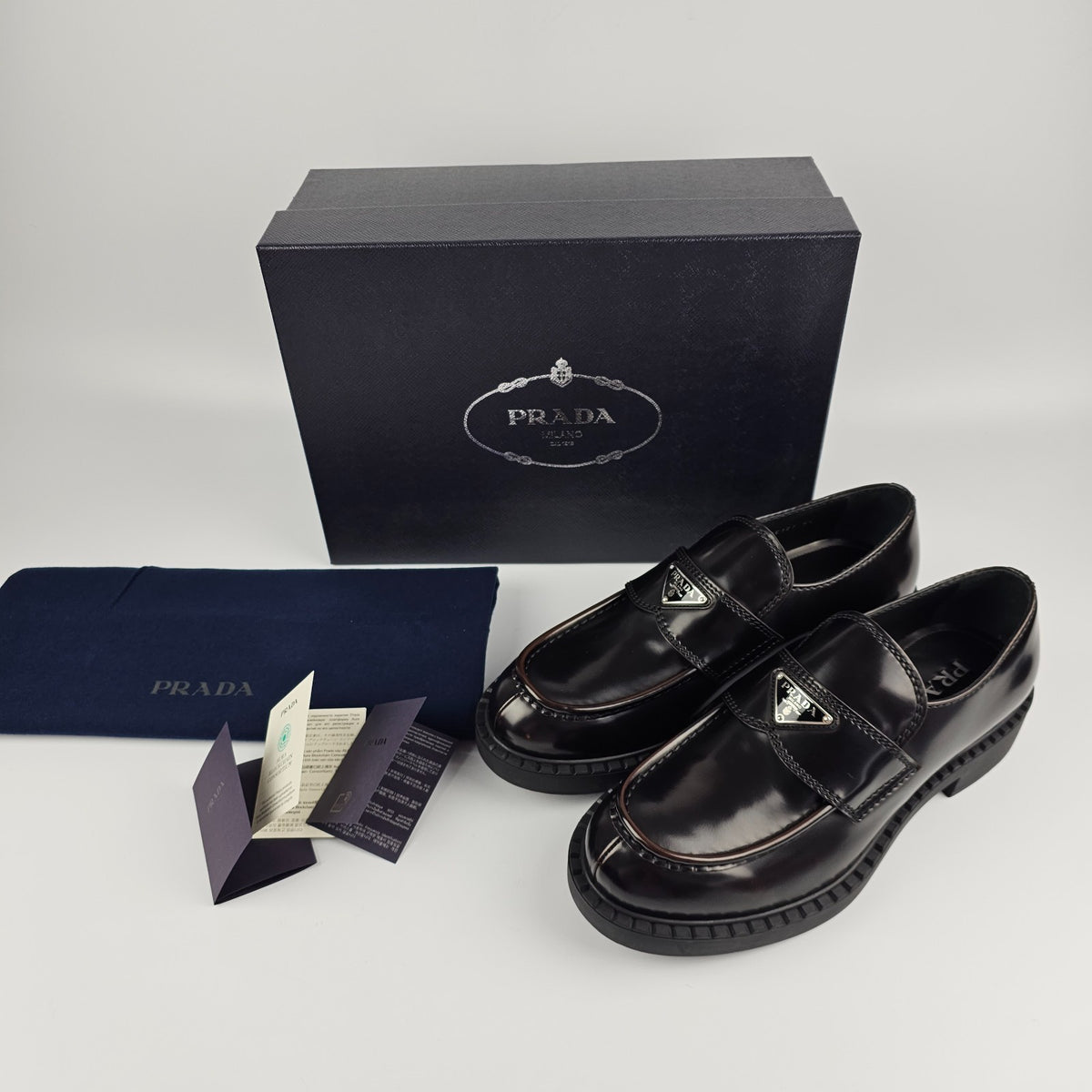 PRADA Chocolate Dark Brown Leather Loafers New And Authentic
