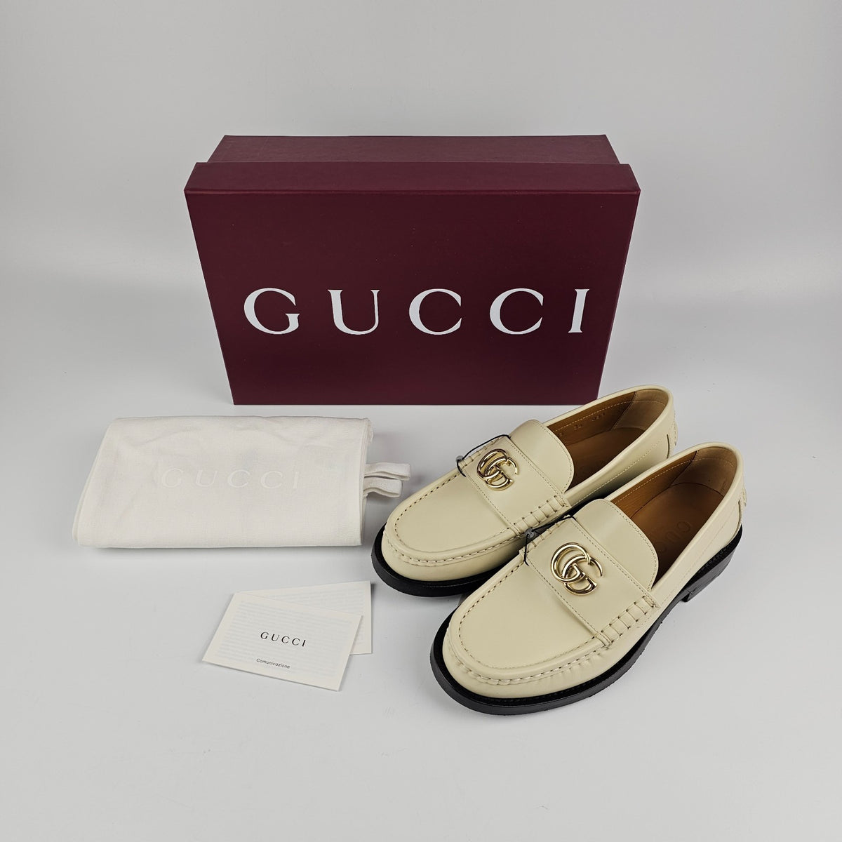 GUCCI Double G $1090 Women's White Leather Loafers New & Authentic