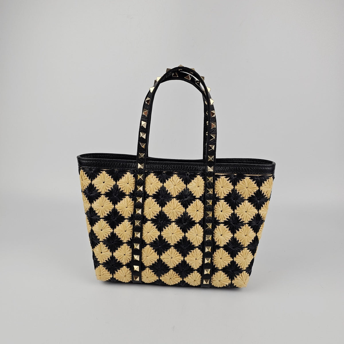 VALENTINO GARAVANI Rockstud Spike Shopper Black Yellow Raffia Tote Bag New