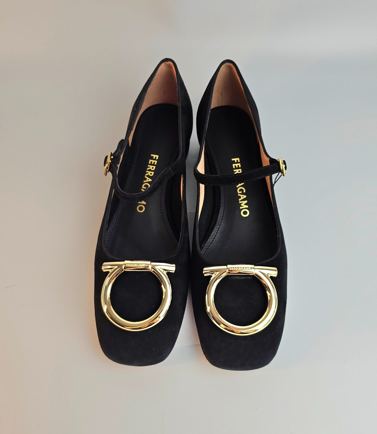 FERRAGAMO Mary Jane Marry 2 Gold/Black Suede Heeled Ballerina Pumps New