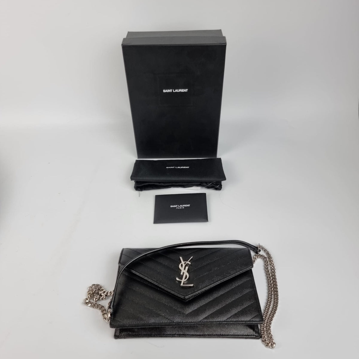 SAINT LAURENT Cassandre Envelope Black/Silver Grained Leather Chain Wallet New