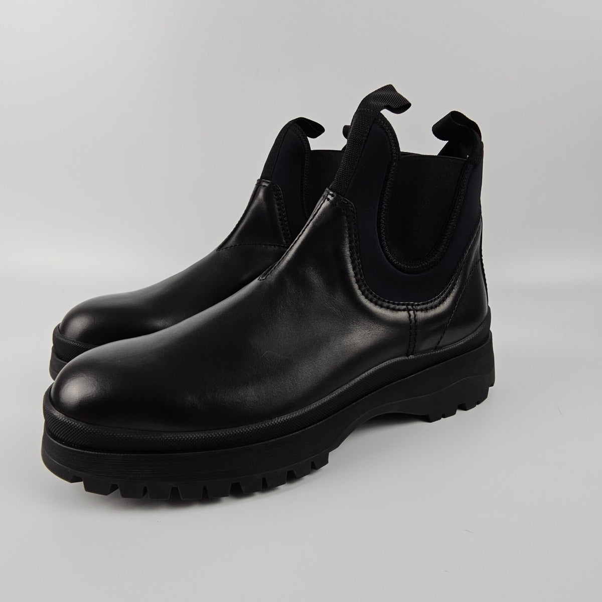 PRADA $1450 Black Leather And Stretch Fabric Chelsea Boots New/Authentic