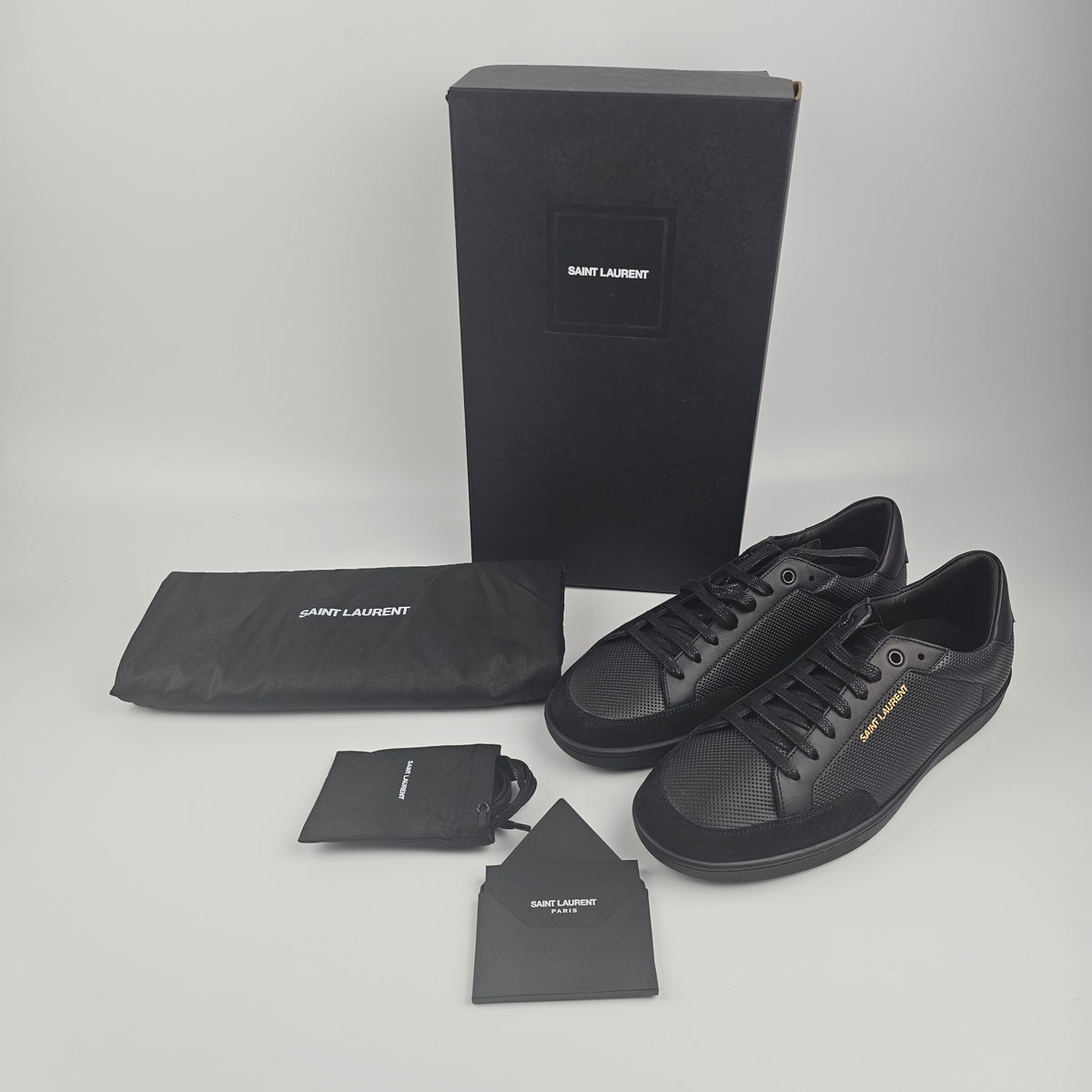 SAINT LAURENT SL/10 Black Perforated Leather And Suede Sneakers New & Authentic