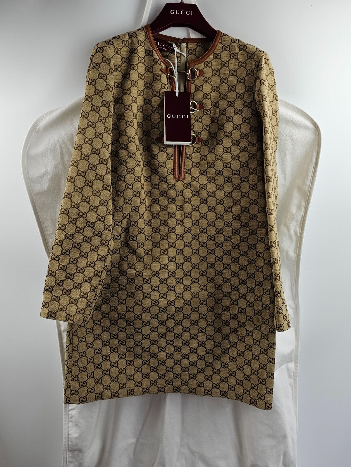 GUCCI $4200 Camel And Dark Brown GG Canvas With Horsebit Dress New & Authentic