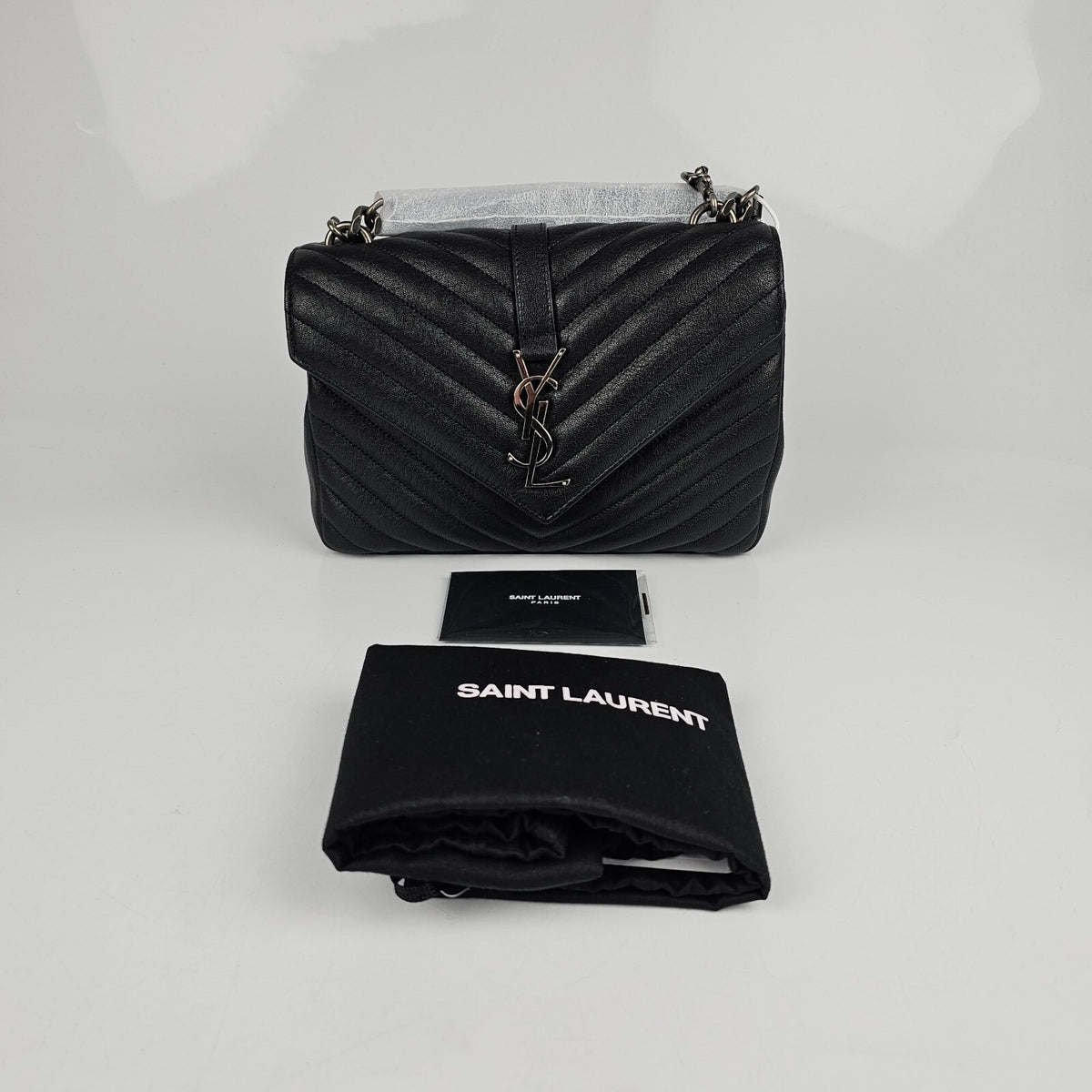 SAINT LAURENT College Medium Black Quilted Leather Shoulder Bag New
