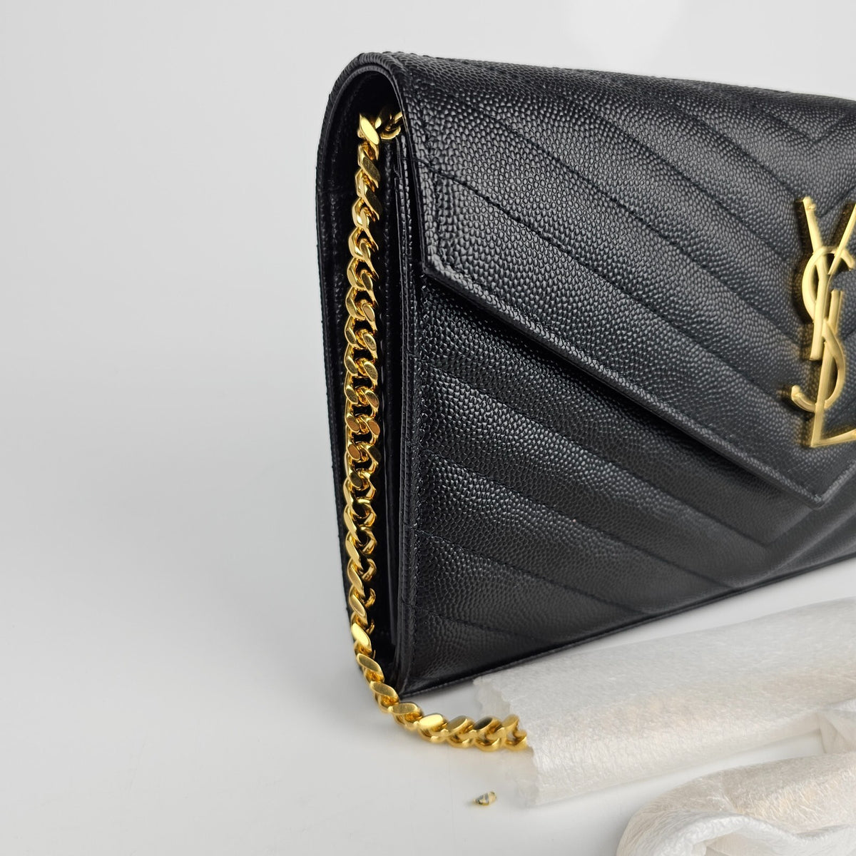 SAINT LAURENT Cassandre Classic Black/Gold Grained Leather Chain Wallet New