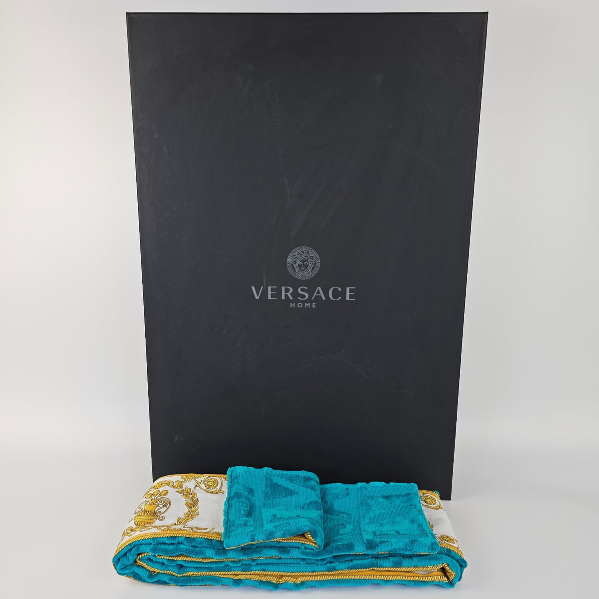 VERSACE Baroque Greca Blue Short Unisex Bathrobe New