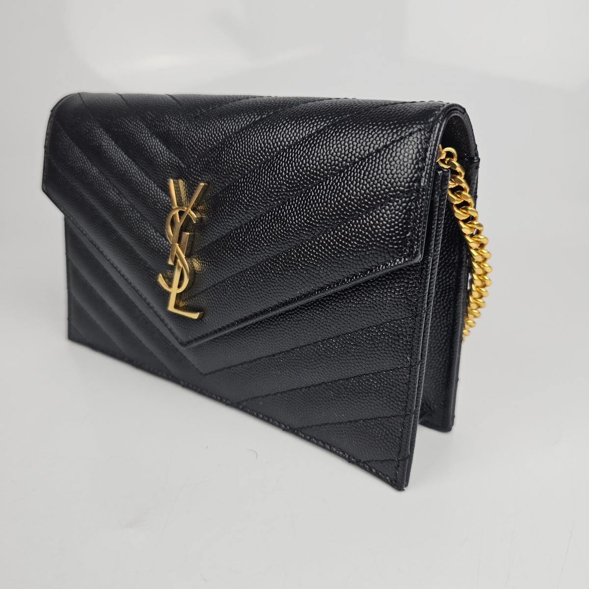 SAINT LAURENT Cassandre Envelope Black/Gold Grained Leather Chain Wallet New
