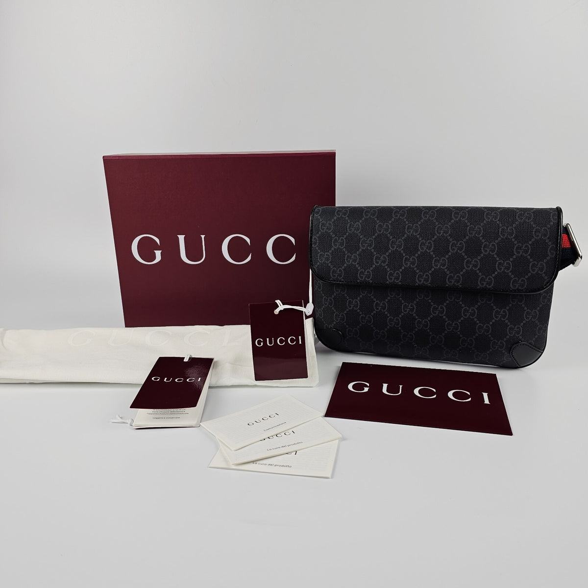 GUCCI GG $1300 Small Black Canvas Belt Bag New And Authentic