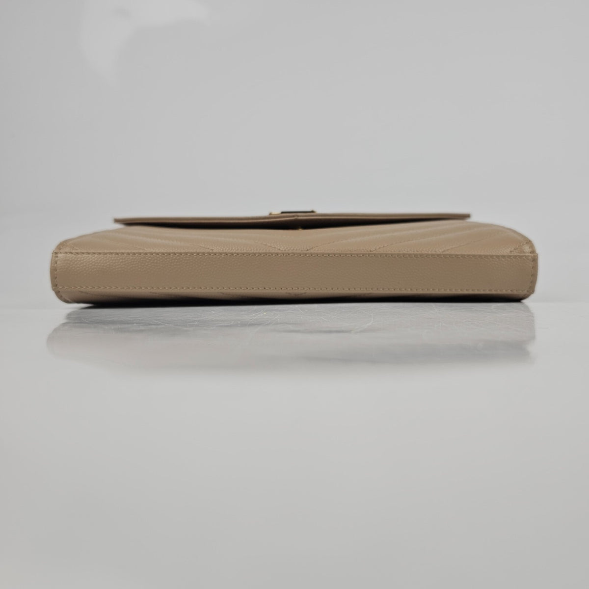 SAINT LAURENT Cassandre Classic Dark Beige Grained Leather Chain Wallet New