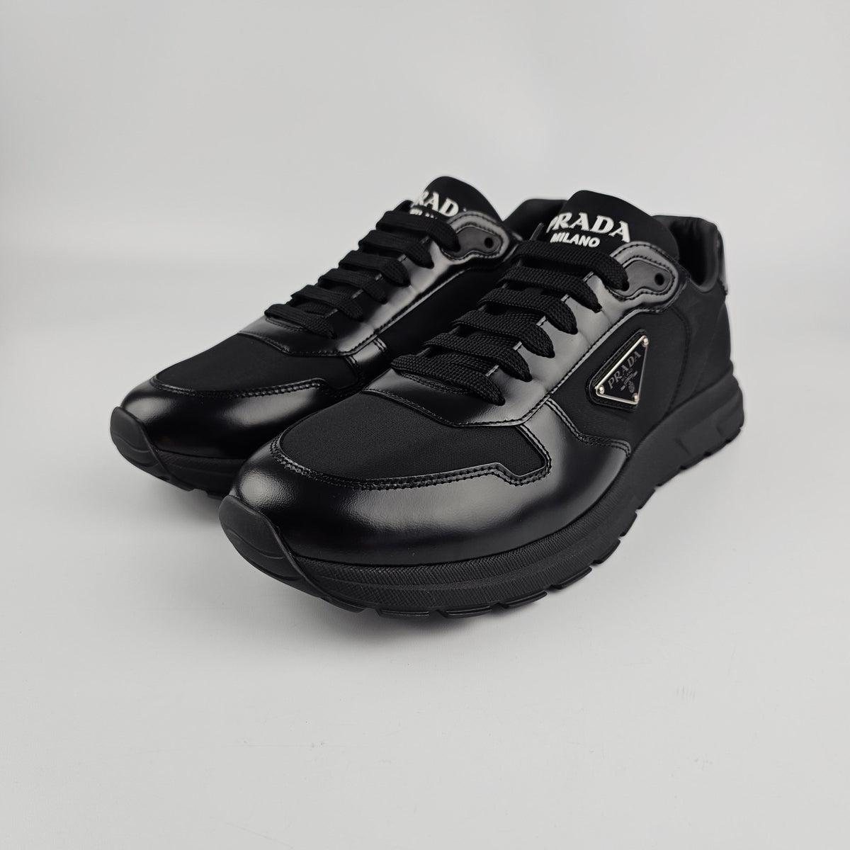 PRADA Prax Black Re-Nylon/Brushed Leather Sneakers New